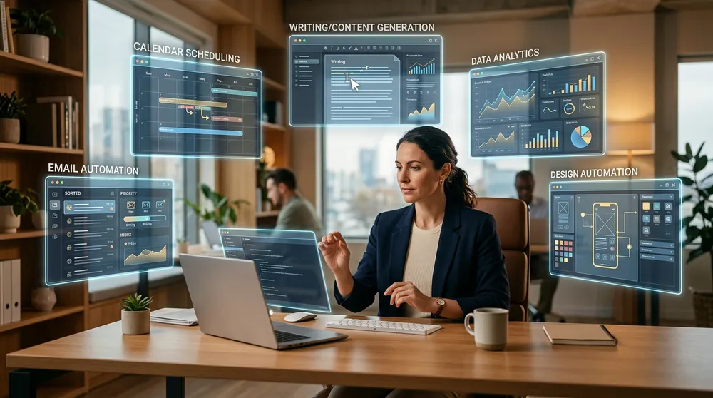 AI инструменти за малък бизнес — пет AI инструмента за продуктивност — илюстрация на автоматизирани работни процеси