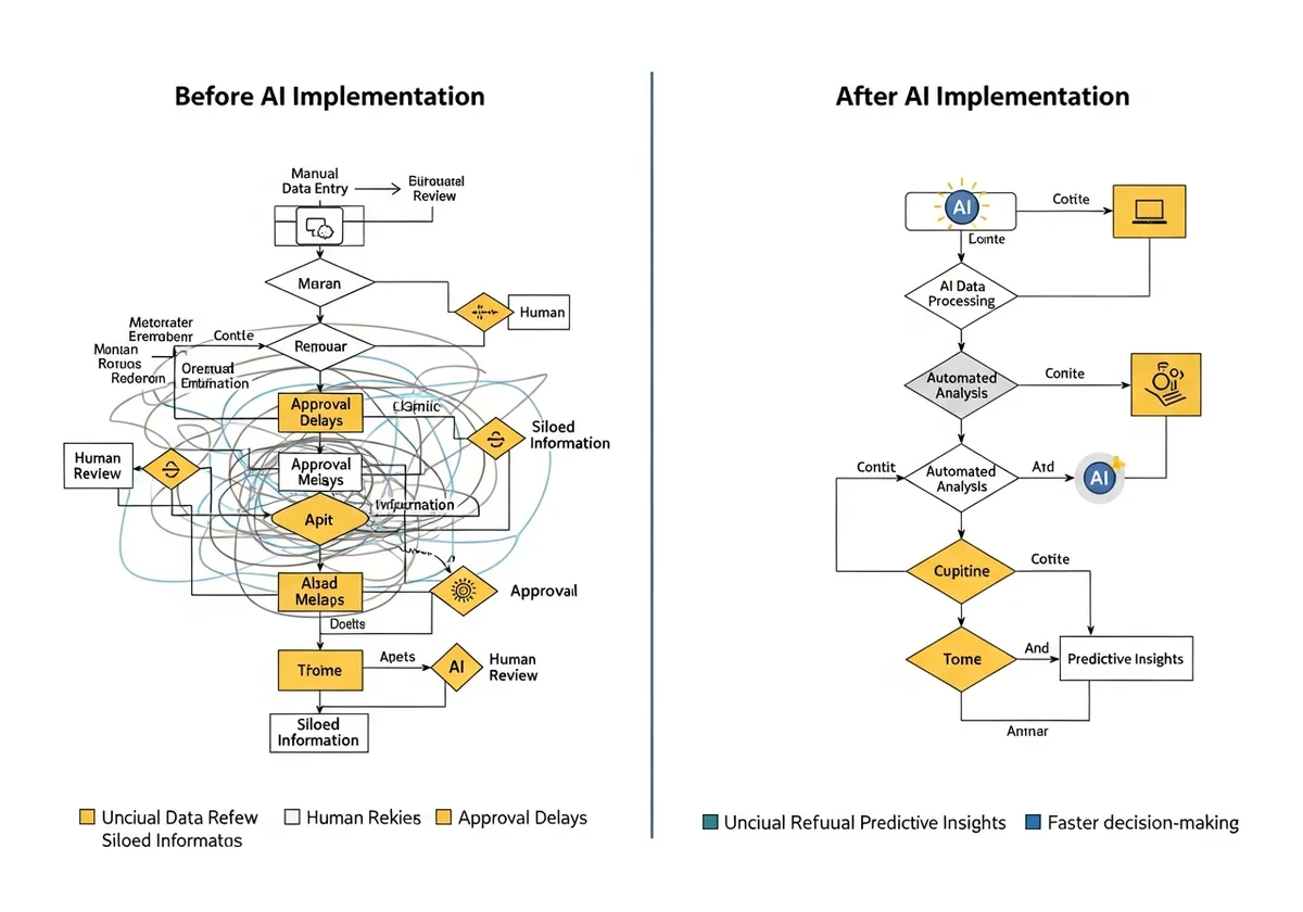 бизнес процес диаграма преди/след AI внедряване
