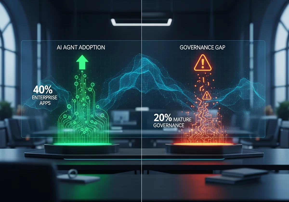 AI агенти adoption vs governance gap — 40% enterprise внедряване срещу 20% зряло управление