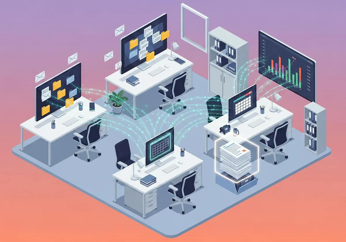 An isometric illustration of a modern office where invisible AI agents handle tasks autonomously — emails sorting themse