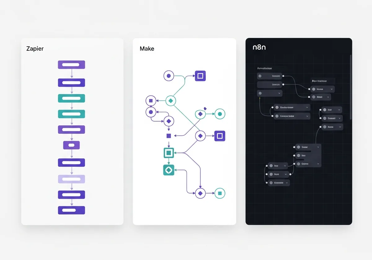 A clean split-screen comparison illustration showing three workflow automation interfaces side by side — one with a simp