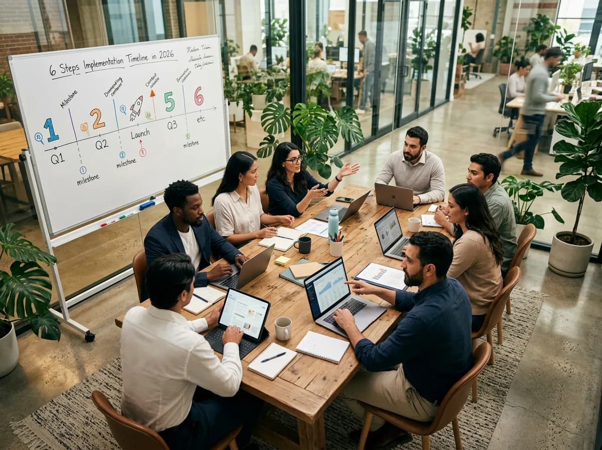 A bird's-eye view of a modern marketing team workspace with a central whiteboard showing a 6-step implementation timelin