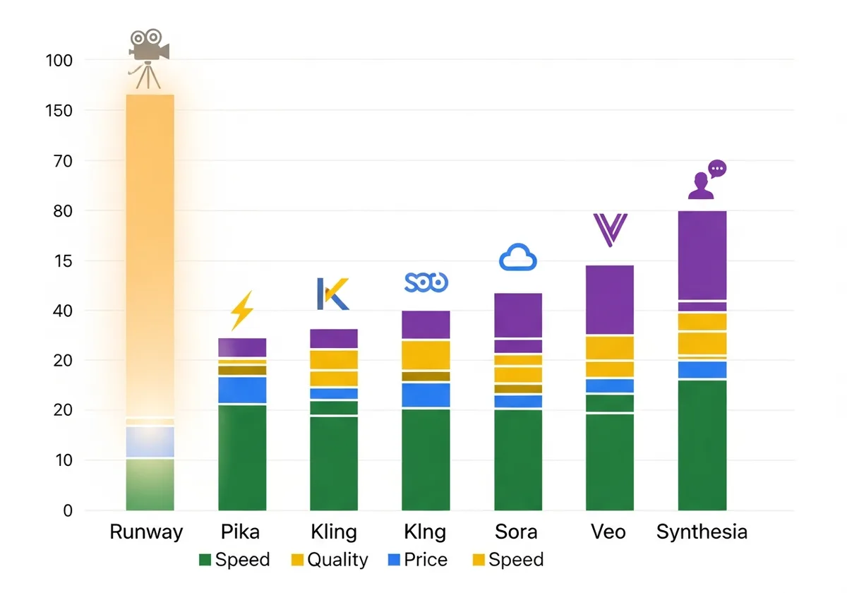A clean, modern infographic showing six AI video platform cards arranged in a 2x3 grid on a dark navy background. Each c