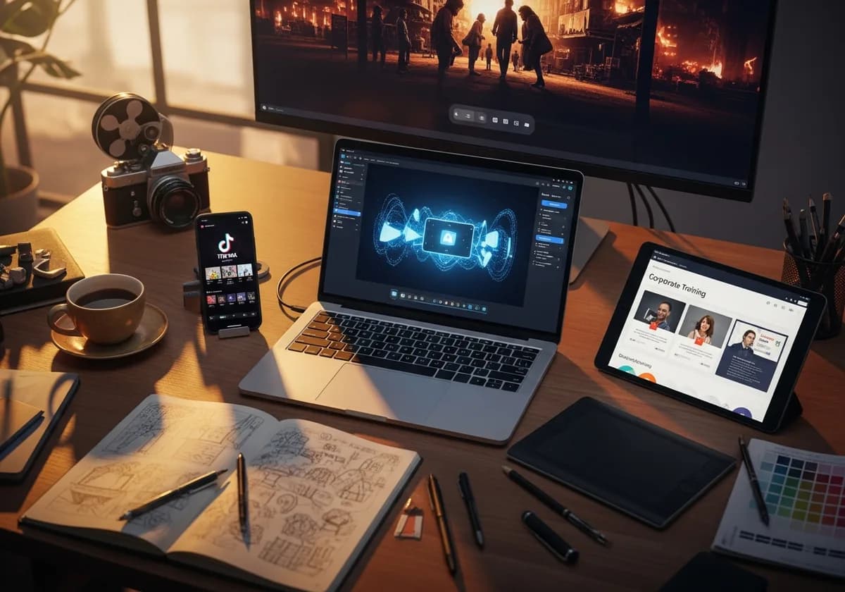 A filmmaker's home studio setup photographed from a 30-degree overhead angle. Center frame: an open MacBook Pro showing 