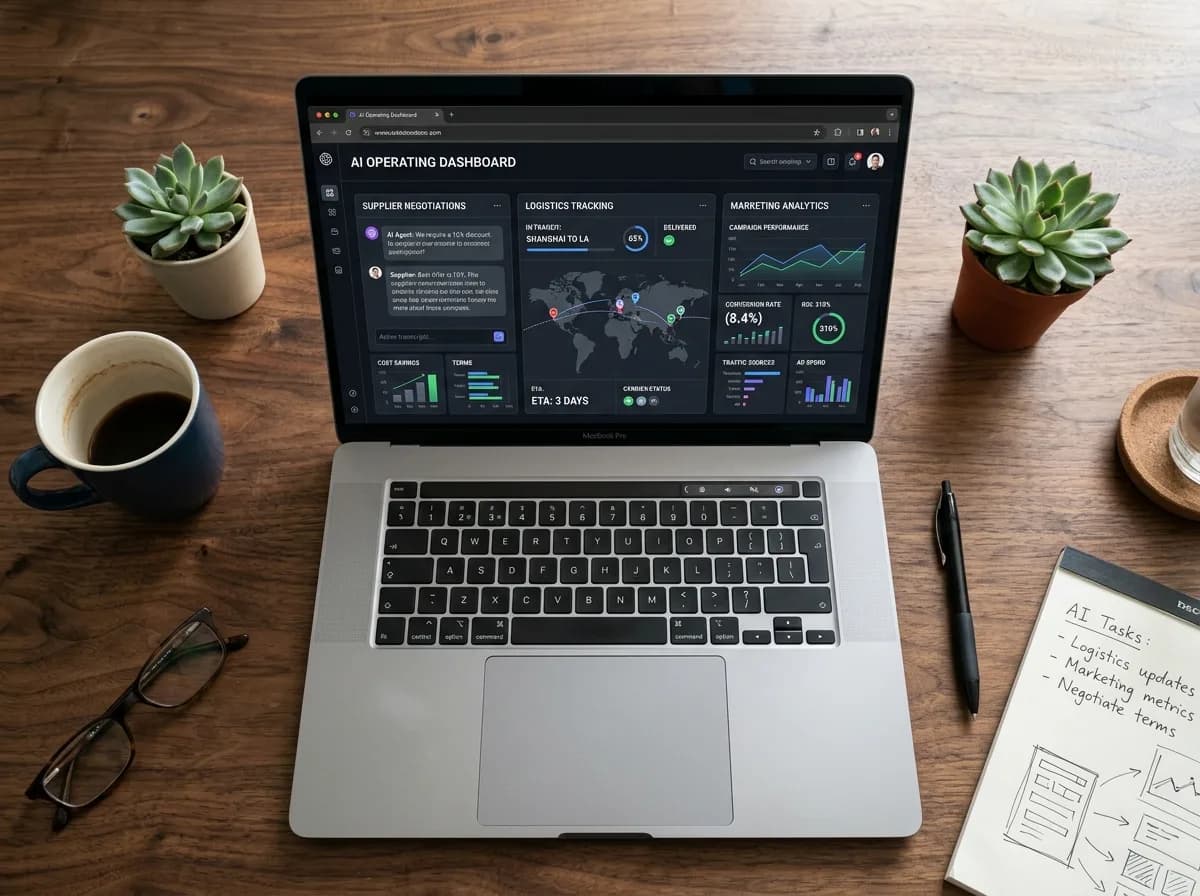 Alibaba Accio Work AI агент — dashboard на solo предприемач с множество AI панели