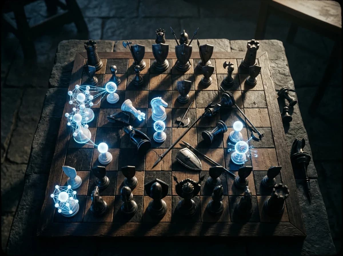 Anthropic Пентагон дело — шахматна дъска с AI и военни фигури в стратегическо противопоставяне