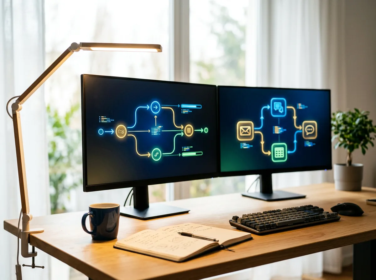 A wide-angle photorealistic shot of a modern minimalist office desk with dual monitors showing colorful workflow automat