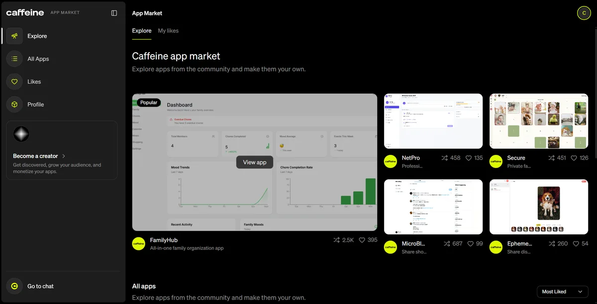 Caffeine.ai App Market — реални приложения от общността: FamilyHub, NetPro, MicroBlog и други с likes и forks