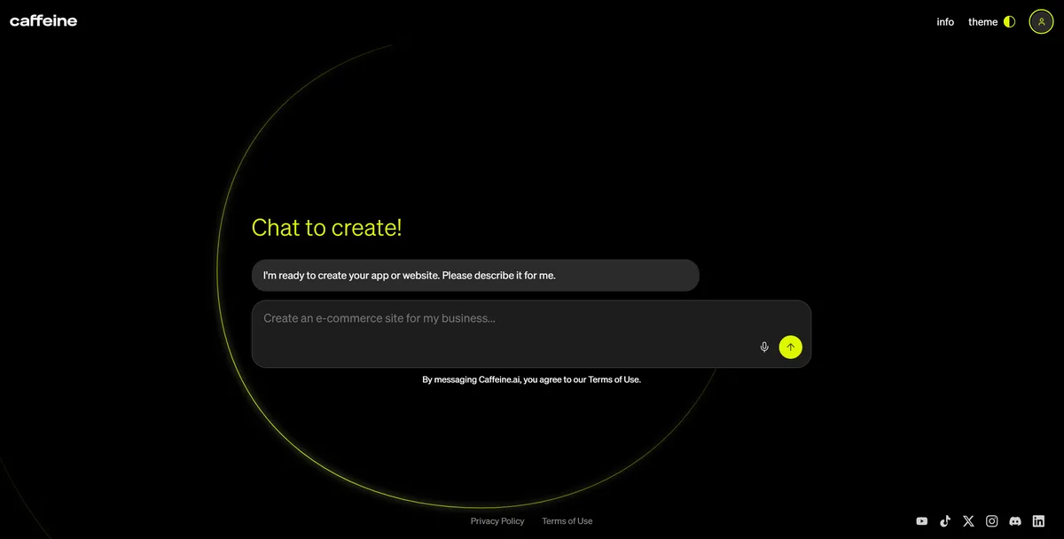 Caffeine.ai чат интерфейс — Chat to create: опишете приложението си и AI го създава на блокчейн