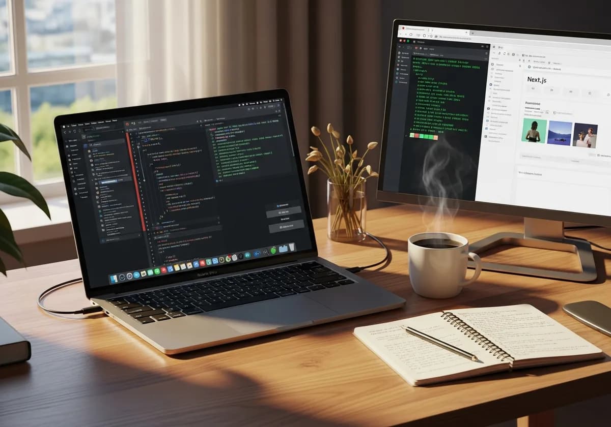 Claude Code работна среда — MacBook с код и Next.js на втори монитор