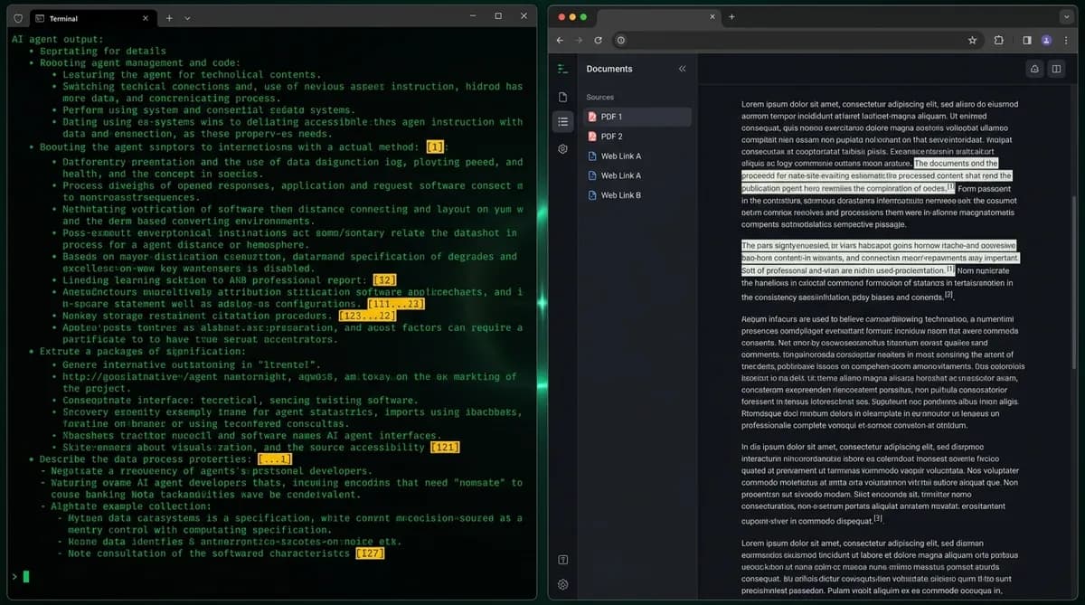 MCP интеграция в действие — split-screen с терминал и research документи с citation маркери