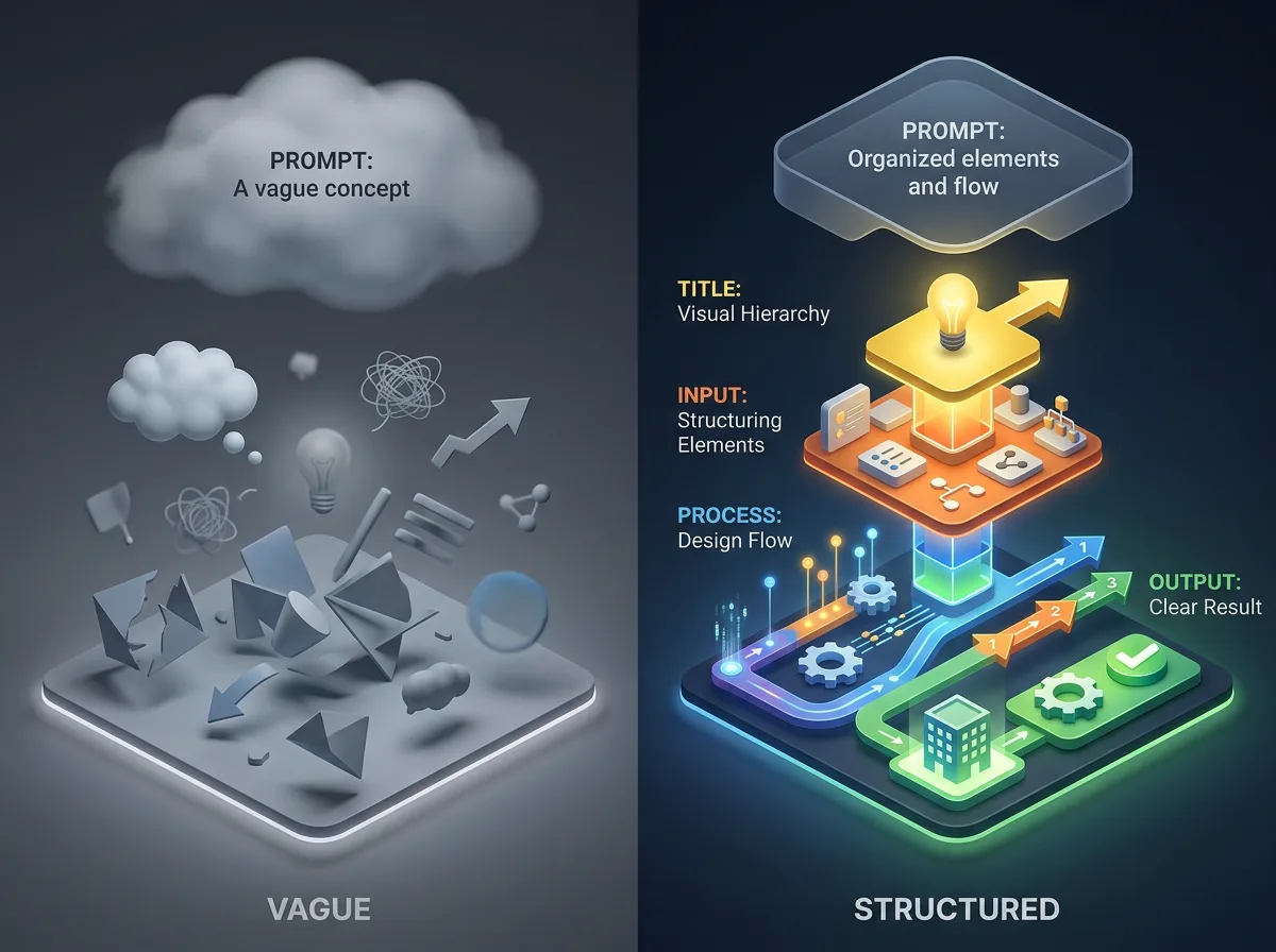 Сравнение между неясен и структуриран перфектния prompt — визуална йерархия и организация