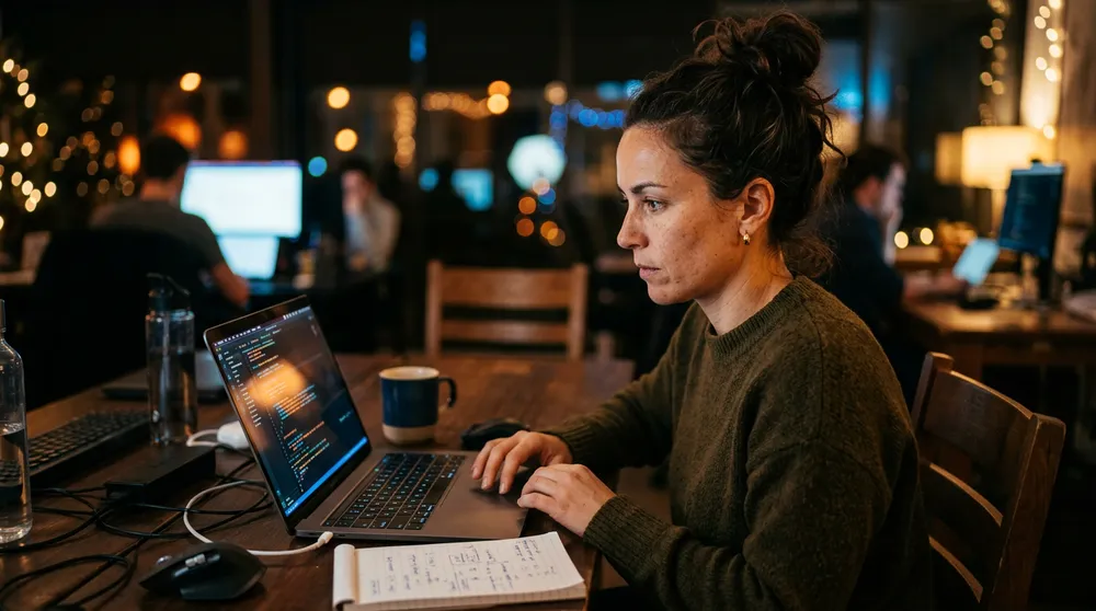 Nano Banana 2 примерен резултат — кинематографичен портрет на програмист