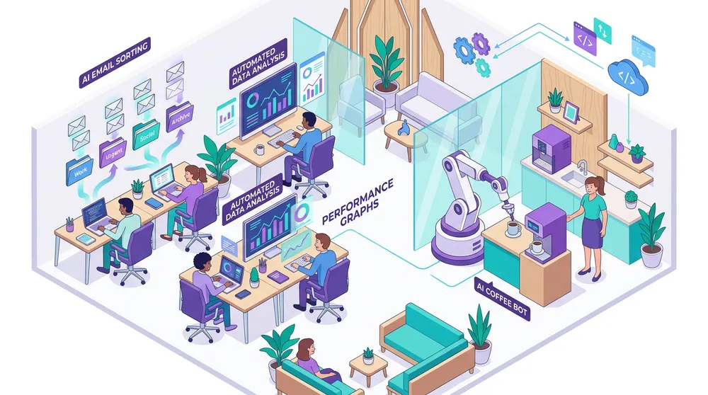 Nano Banana 2 примерен резултат — изометрична илюстрация на AI офис