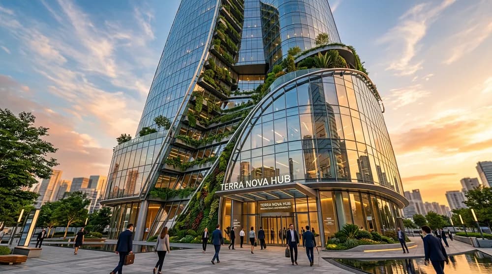 Nano Banana 2 примерен резултат — архитектурна визуализация на стъклена сграда