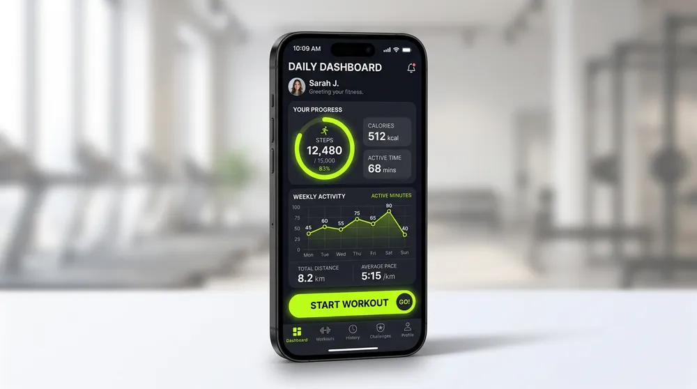 Nano Banana 2 примерен резултат — мобилен UI mockup на fitness приложение