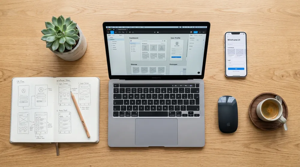 Nano Banana 2 примерен резултат — flat lay на дизайнерско работно място