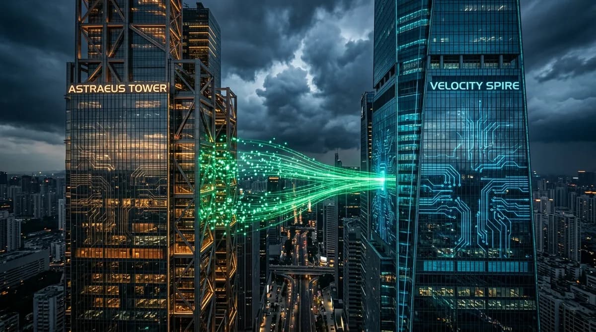 OpenAI vs Anthropic enterprise AI битка — две корпоративни сгради в конкуренция с AI символика