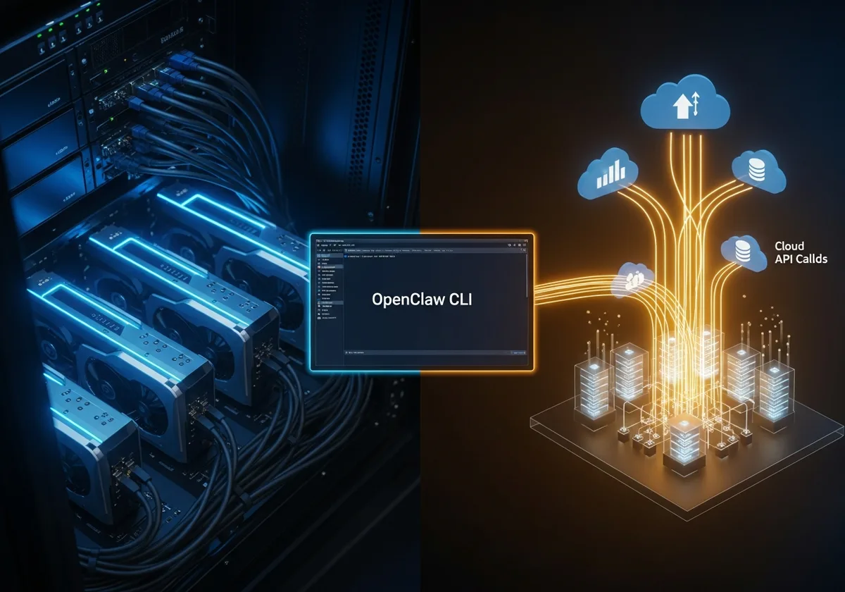 Split visualization showing two developer setups side by side: left panel shows a server rack with glowing GPU cards and