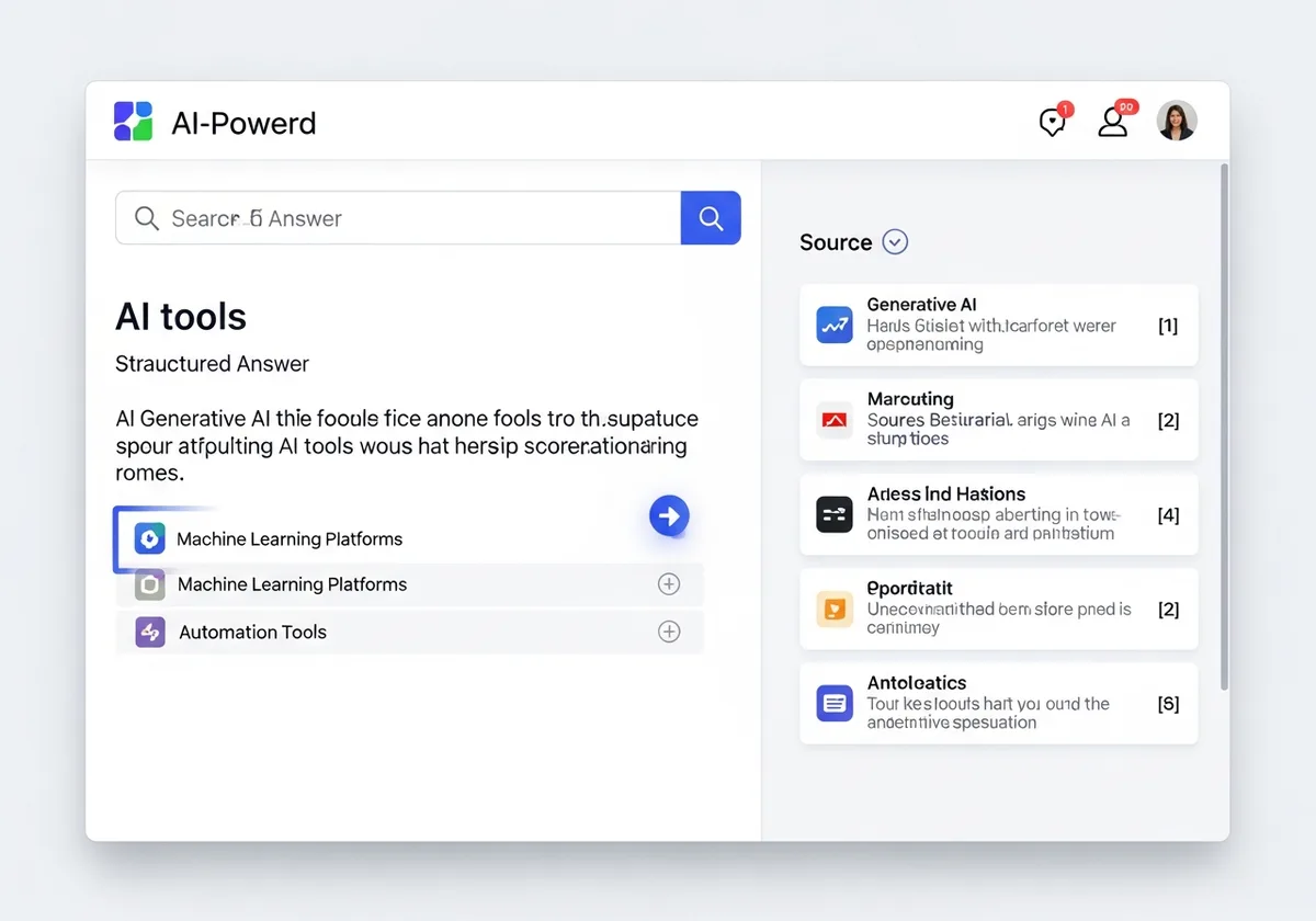 Интерфейс на Perplexity AI с цитирани източници и структуриран отговор