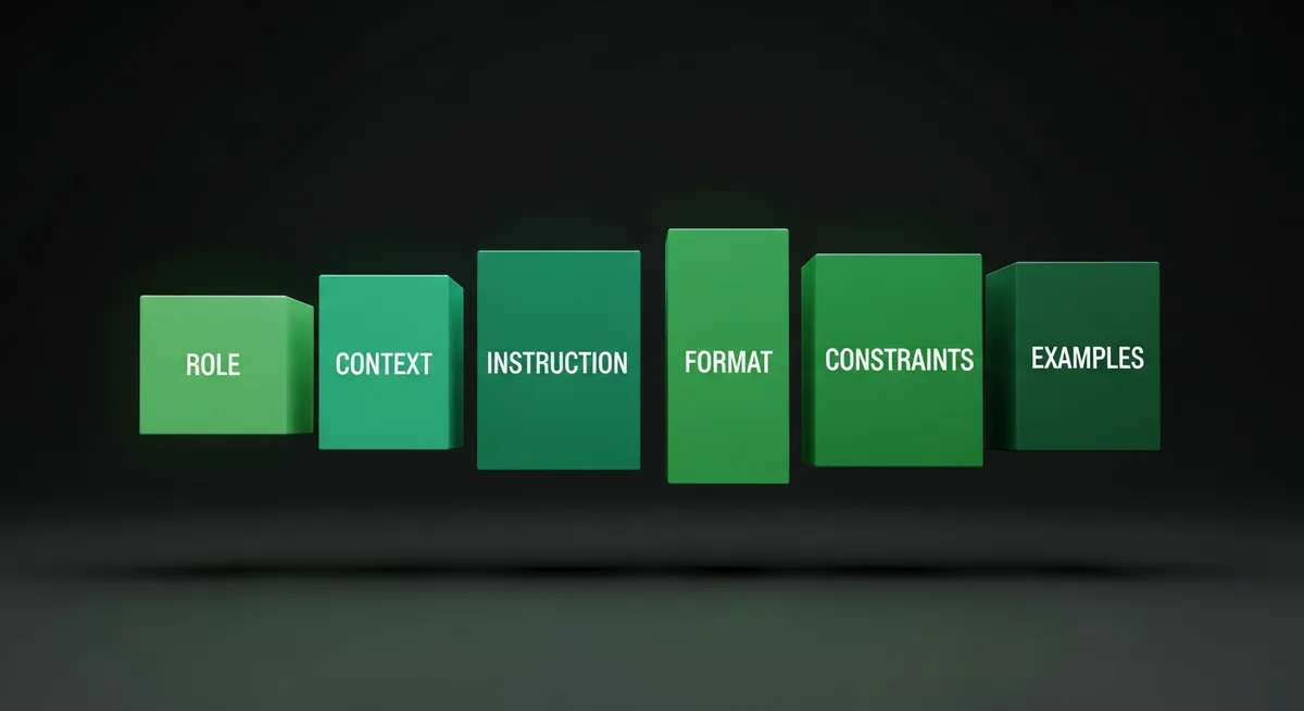 Анатомия на ефективен промпт — 6 ключови елемента: роля, контекст, инструкция, формат, ограничения, примери