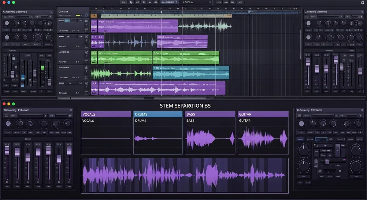 Suno AI Studio интерфейс с waveform редактор и stem separation