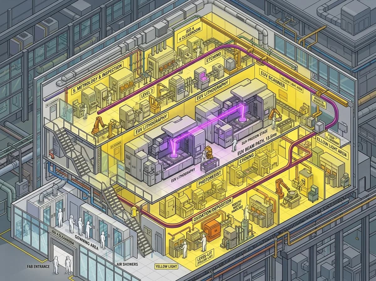 Terafab чип фабрика — напречно сечение на полупроводников cleanroom с EUV литография и автоматизирано производство