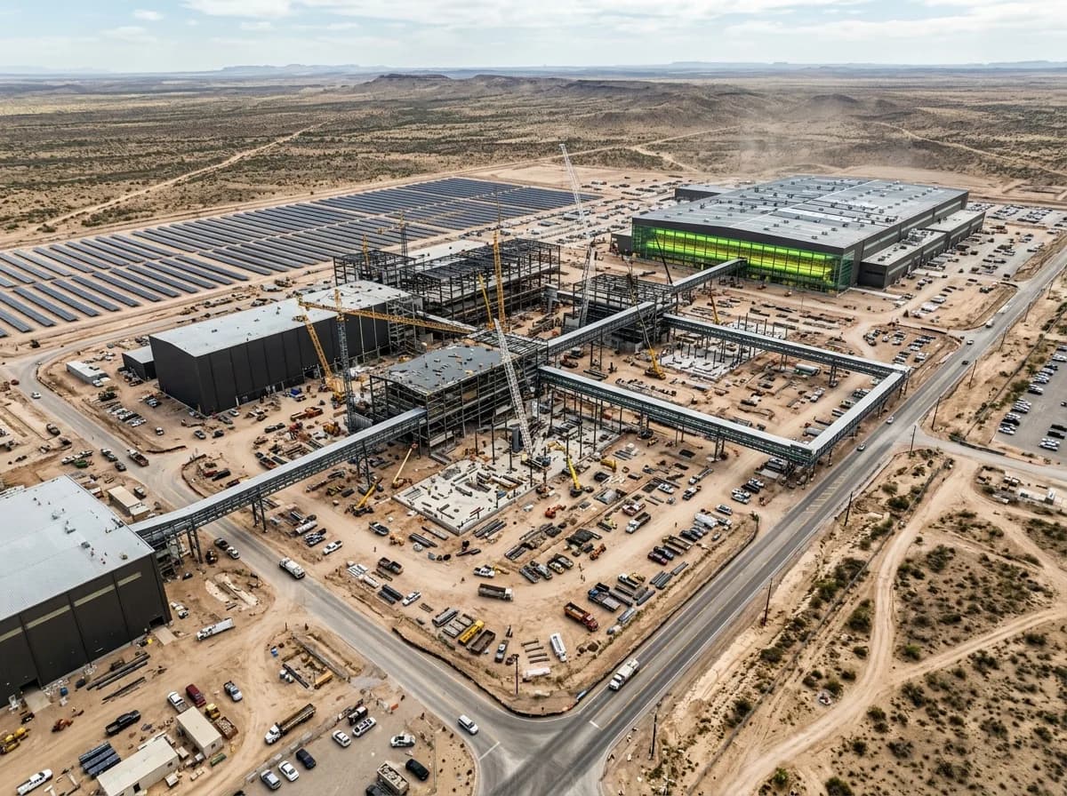 Terafab чип фабрика — аериален изглед на индустриален кампус в строеж в Тексас