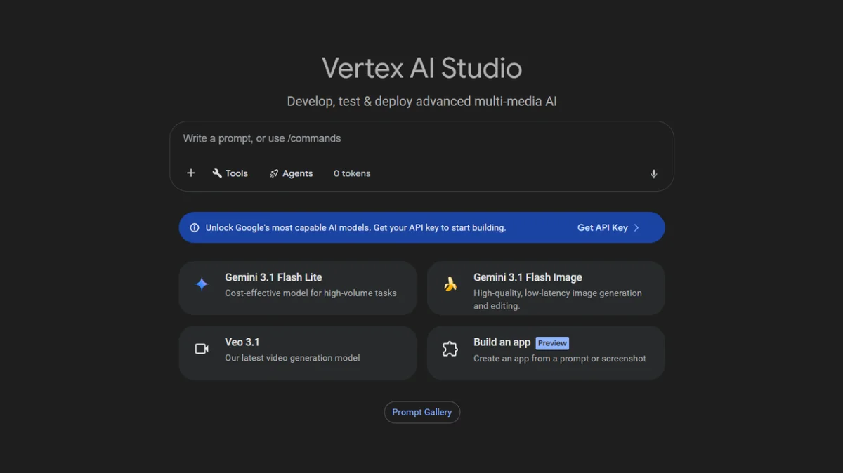 Vertex AI Studio начален екран с промпт поле, Gemini 3.1 Flash Lite, Veo 3.1 и Build an app