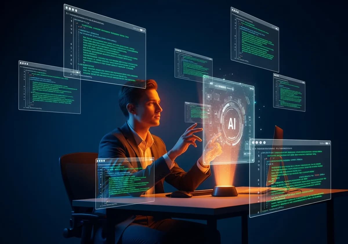 Vibe coding работно пространство с AI агенти, генериращи код автоматично