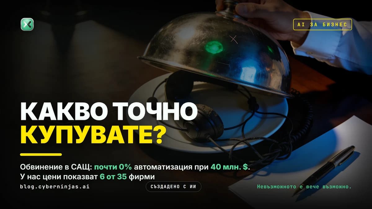 AI агенция: ръка вдига сребърен капак над чиния, а отдолу вместо машина лежи слушалка от кол център