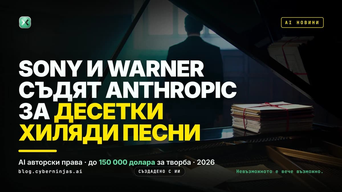 AI авторски права в музиката — роял с ноти и папка съдебни документи в тъмна зала
