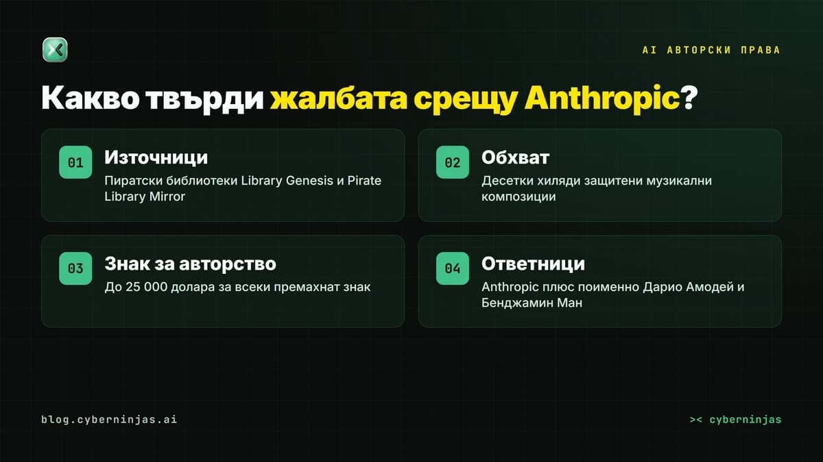 AI авторски права — четирите основни твърдения в жалбата на Sony Music Publishing и Warner Chappell срещу Anthropic