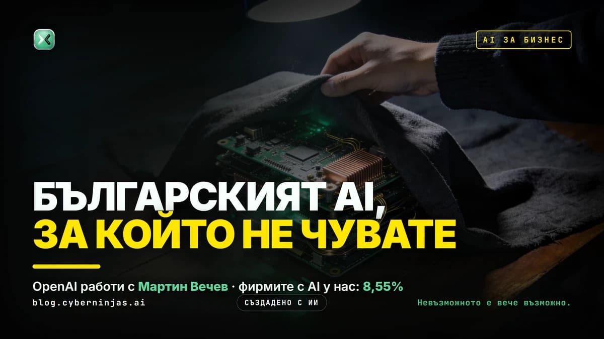 AI компании в България: ръка повдига тъмно платно от светеща купчина платки на дървена маса