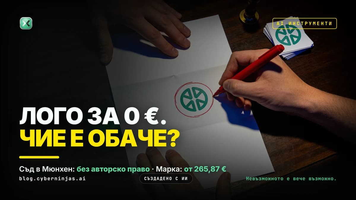 AI лого генератор: две ръце притискат един и същи лист с лого, а трета го огражда с червен маркер