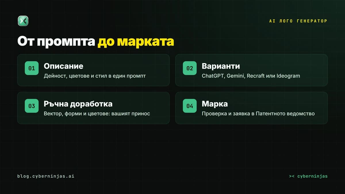 AI лого генератор: четирите стъпки от описанието до регистрираната марка
