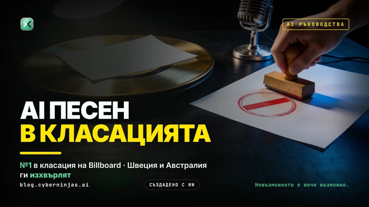 AI песни и класациите: ръка удря червен печат „отхвърлено“ върху лист до златна плоча и студиен микрофон