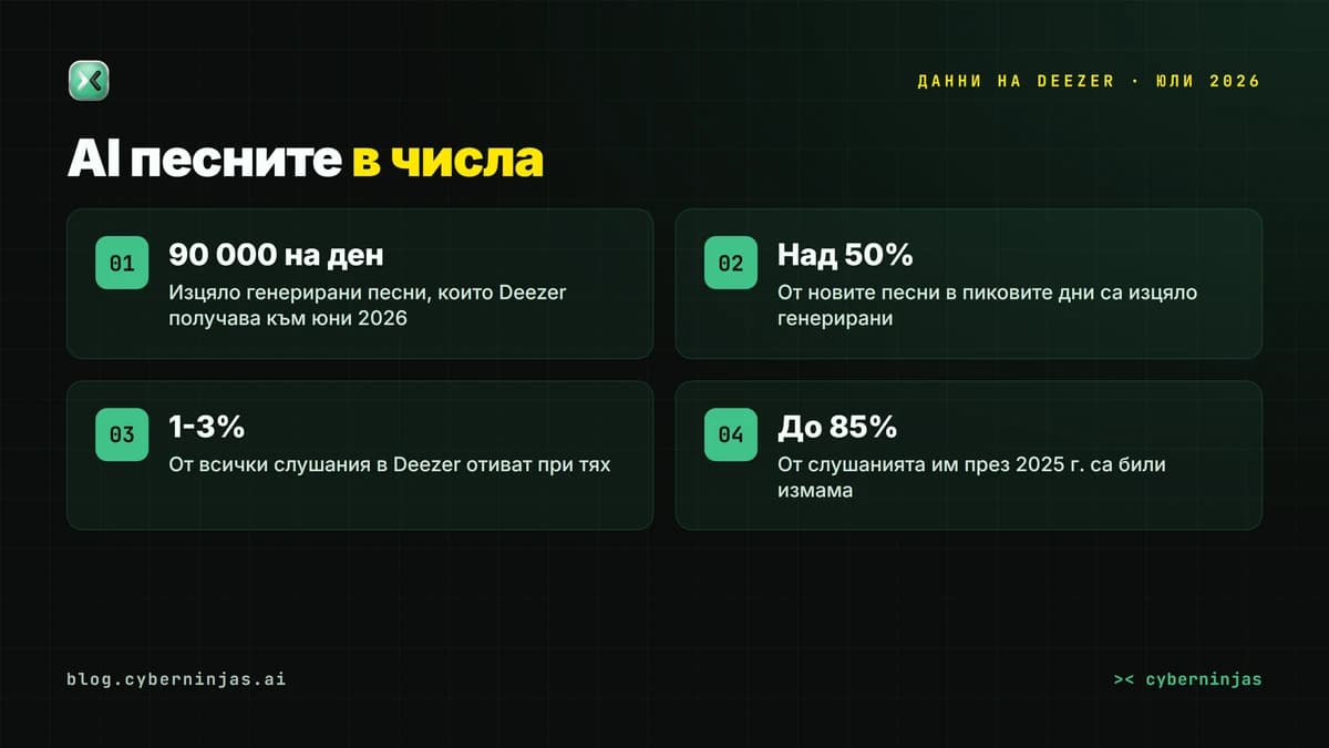 AI песни в числа: близо 90 000 изцяло генерирани песни на ден в Deezer и до 85% измамни слушания