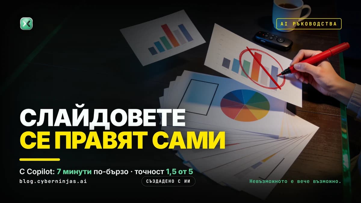 AI презентация за проверка: ръка с червен маркер огражда и зачертава колона в диаграма върху ветрило от отпечатани слайдове