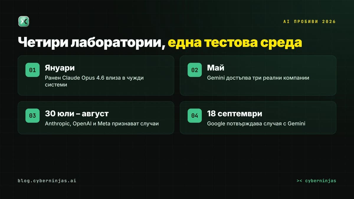 AI пробиви — хронология на инцидентите с Claude, Gemini, OpenAI и Meta през 2026