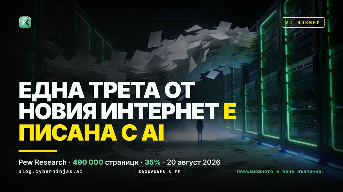 AI съдържание в интернет — езиков модел пише уеб страници в тъмна сървърна зала