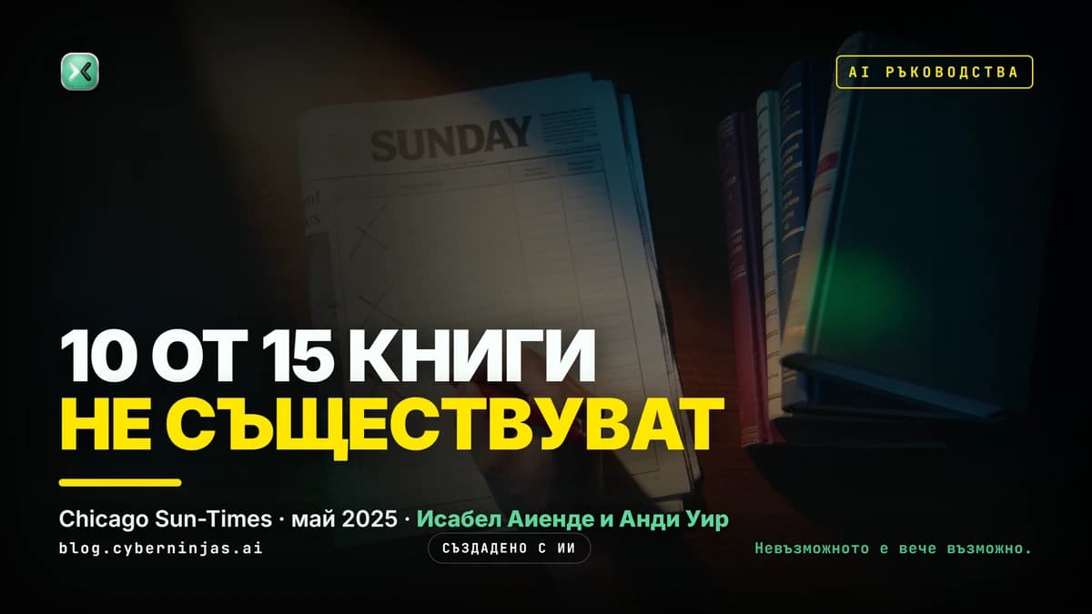 AI текст генератор на български: тъмна маса с вестник, книги и червени зачертавания на текст