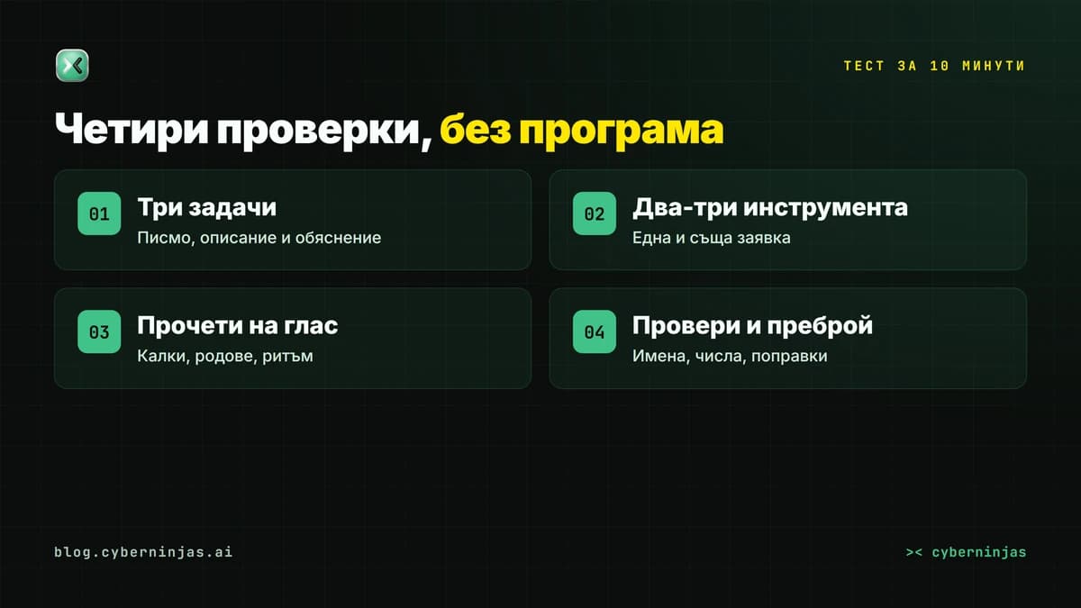 AI текст генератор на български: четири проверки за тест, който отнема около 10 минути