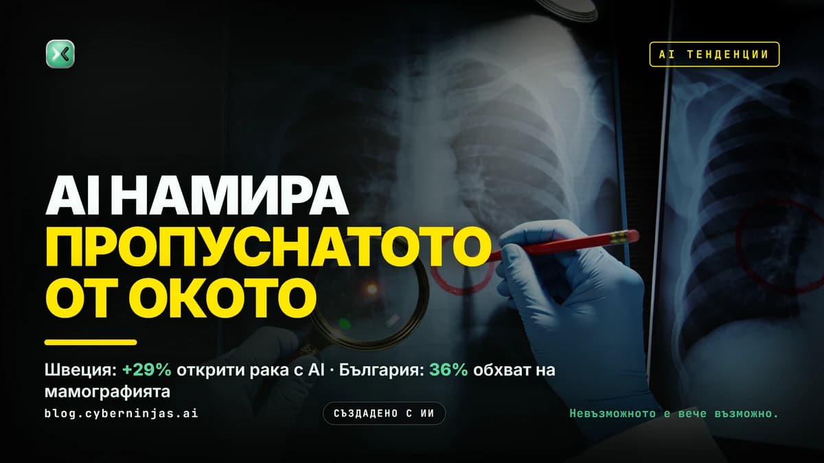 AI в медицината: ръка в ръкавица държи лупа над рентгенова снимка, а другата огражда петно с червен молив