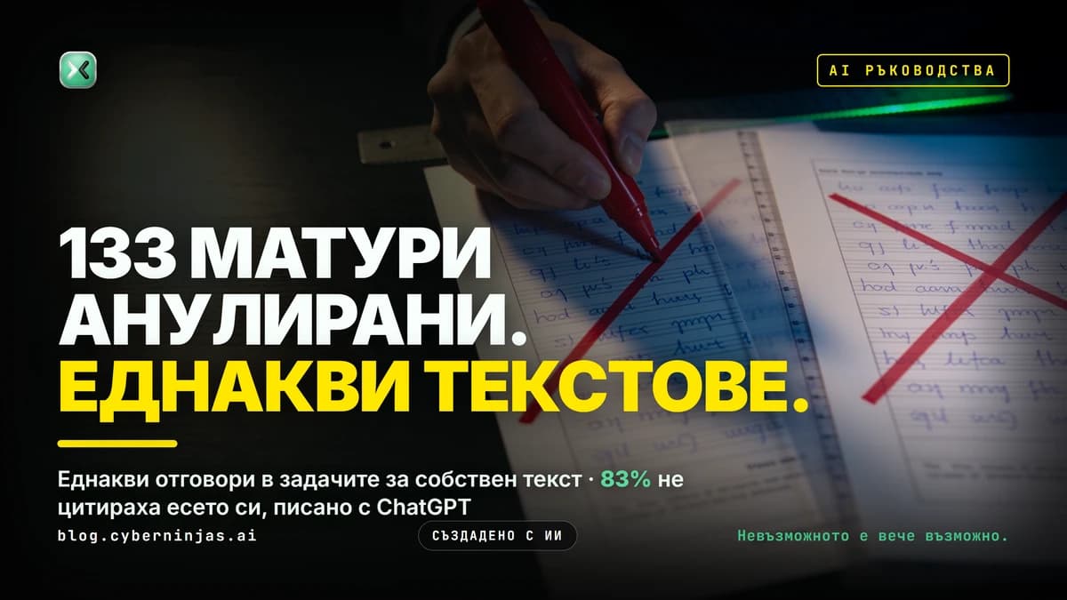 AI за есе: ръка с червен маркер зачертава две еднакви ръкописни есета на бюрото на оценителя