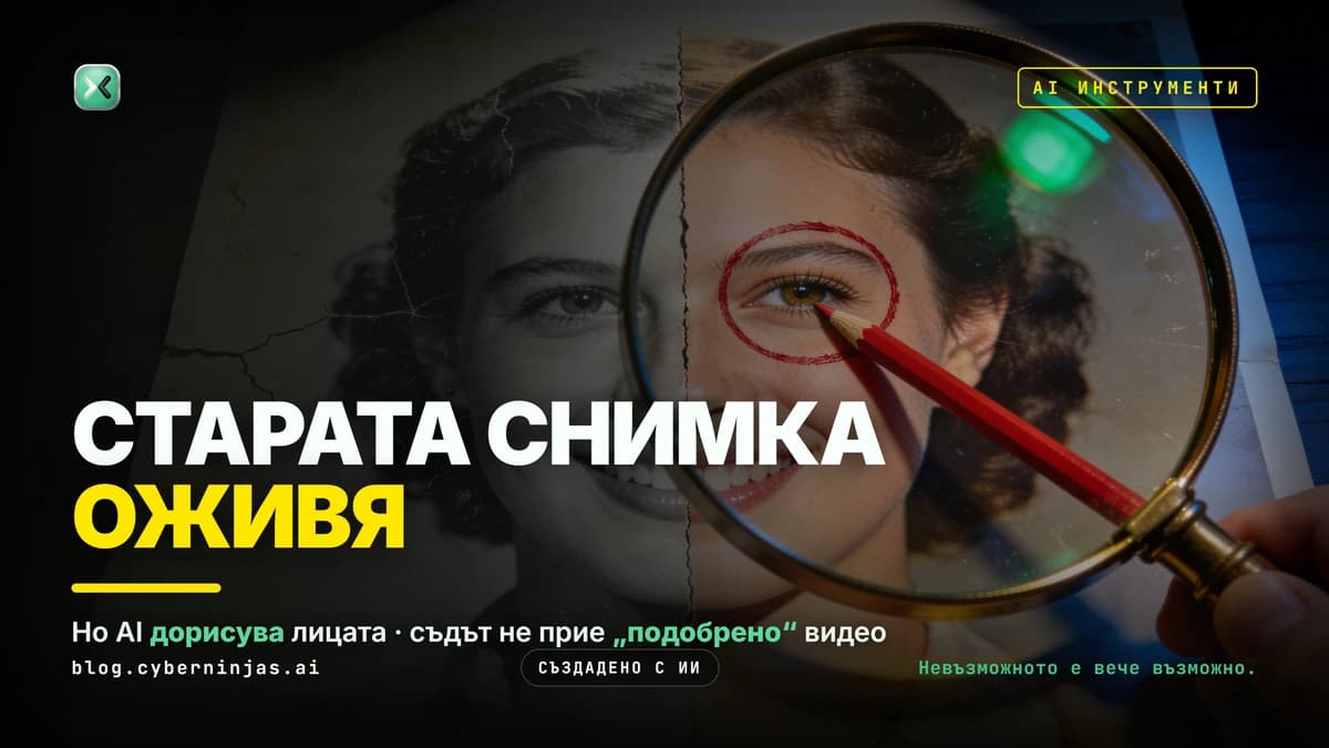 AI за обработка на снимки: лупа над стара снимка, половината лице е възстановено в цвят, а окото е оградено с червено