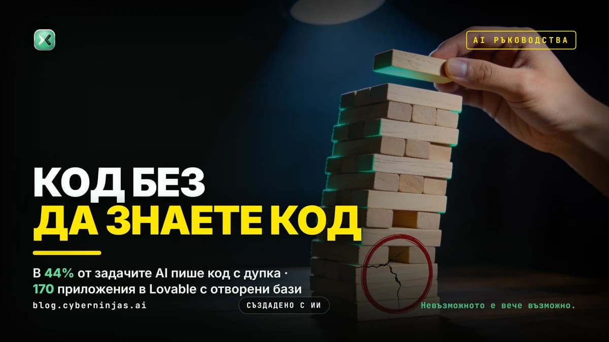 AI за програмиране без опит: ръка слага последното блокче на висока кула, чиято основа е пукната и оградена в червено