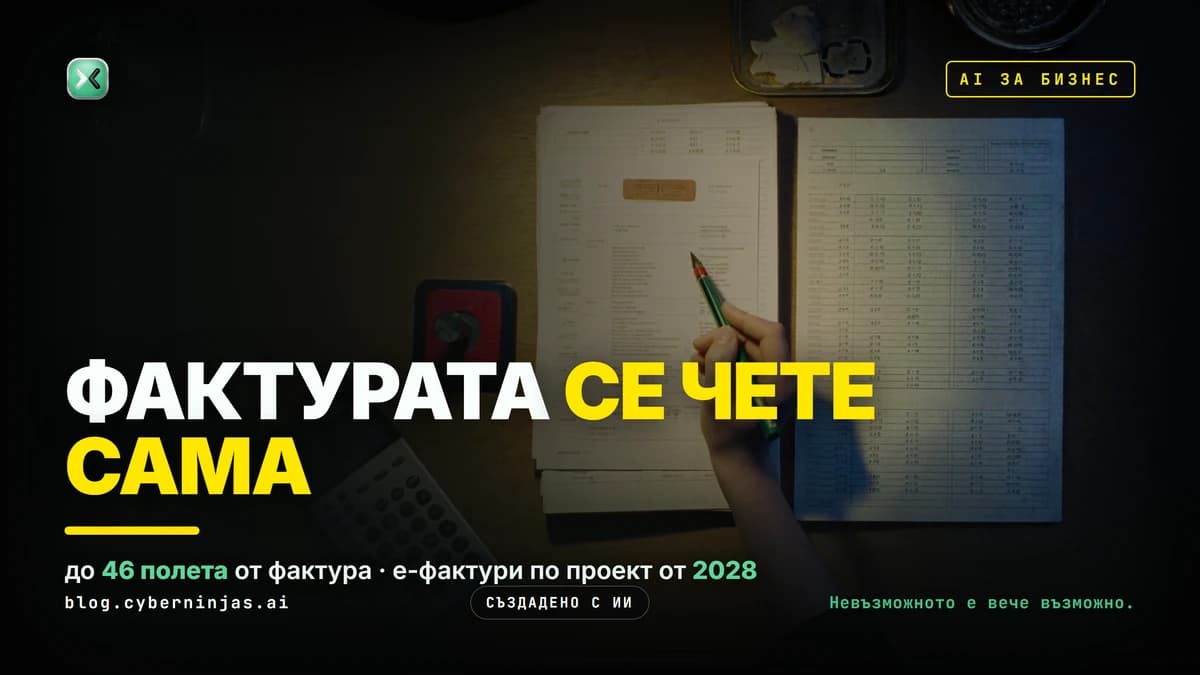 AI за счетоводители — ръка с химикалка над купчина фактури, а сумите от тях вече са в таблица