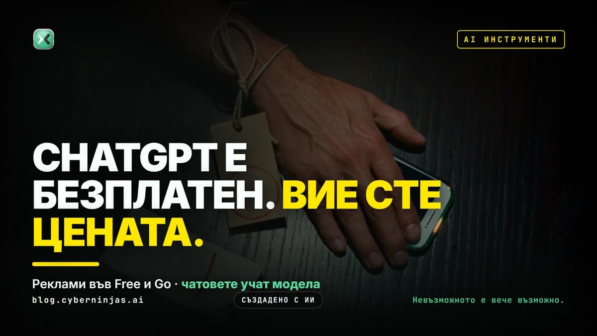ChatGPT на български безплатно — ръка върху телефон, а до него касова бележка с червен кръг