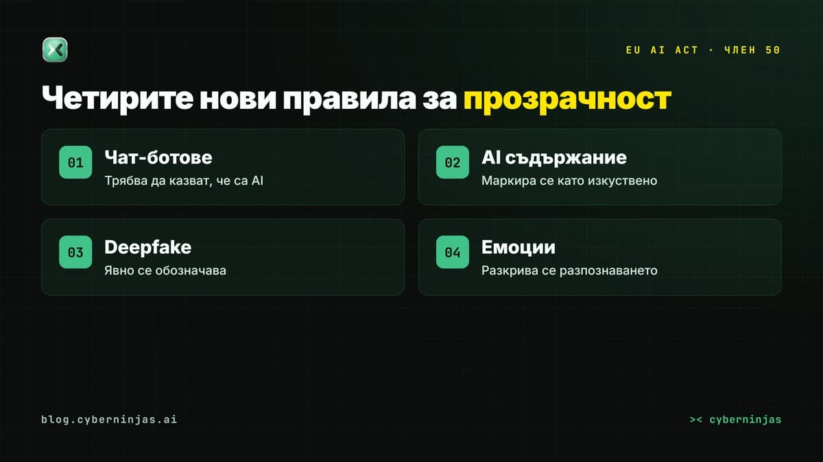 EU AI Act прозрачност — четирите нови задължения по Член 50 за чат-ботове, AI съдържание, deepfake и разпознаване на емоции